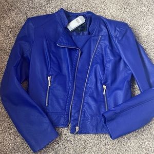 Women’s blue asymmetrical zip moto jacket, size M, NWT. Guess brand.